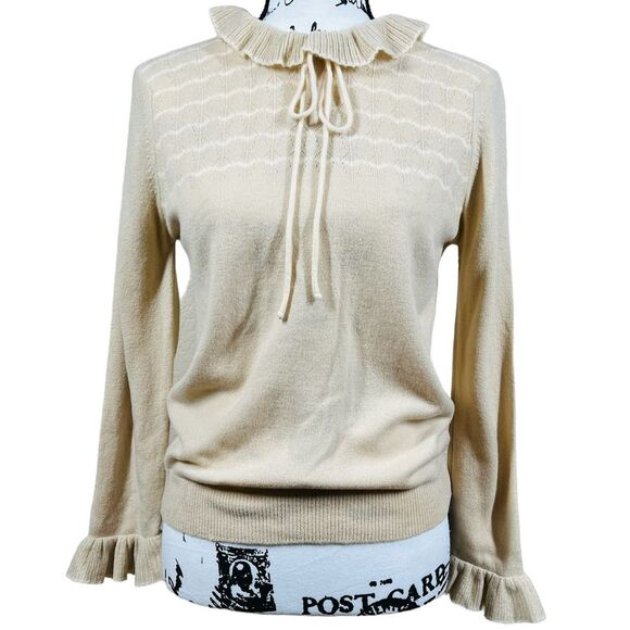 Dalton virgin cashmere beige sweater long sleeve ruffle mock neck size 38 M soft - Picture 1 of 12